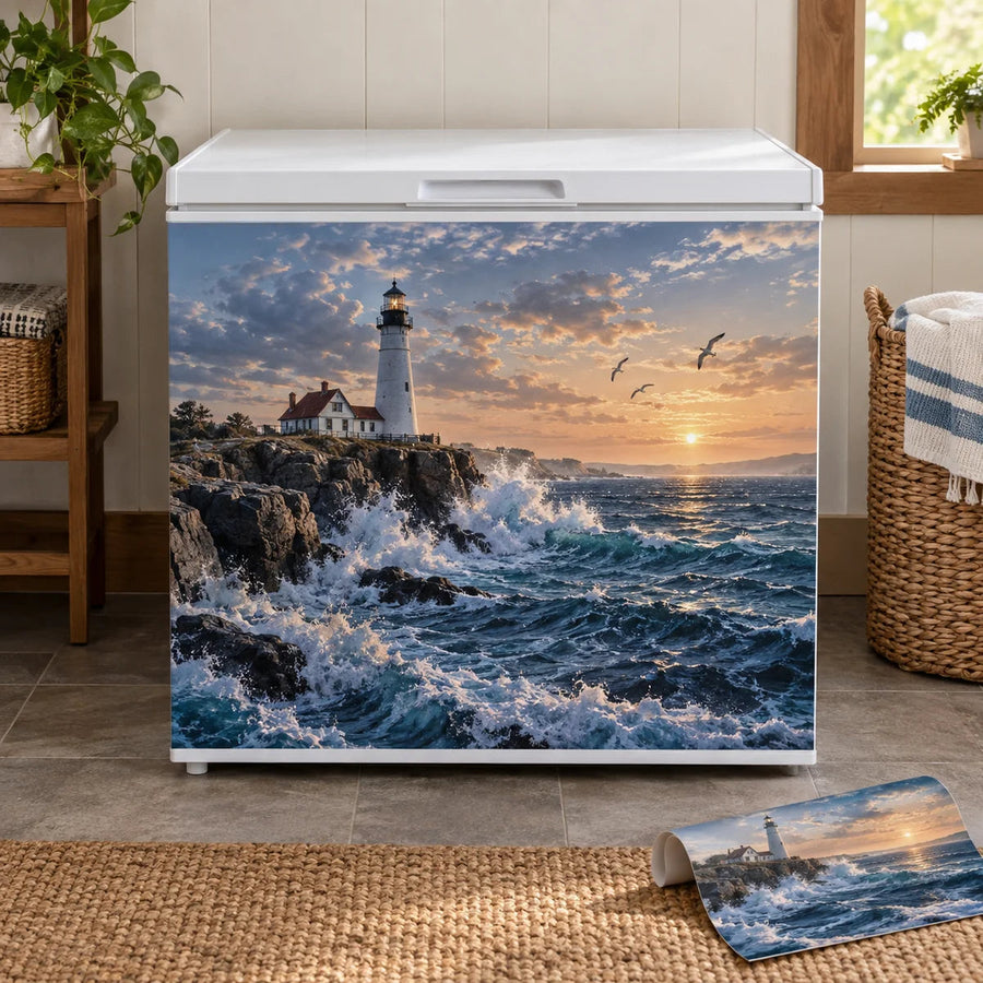 White chest freezer front vinyl wrap with lighthouse and ocean scene