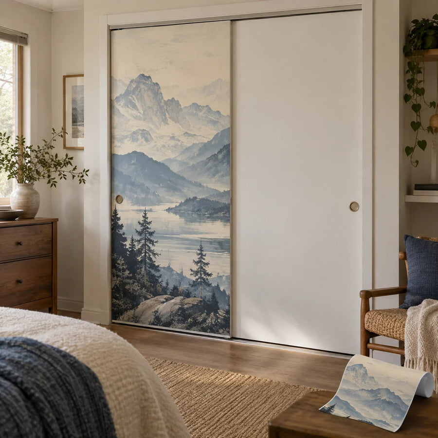 Sliding closet door vinyl wrap panel with mountain landscape print