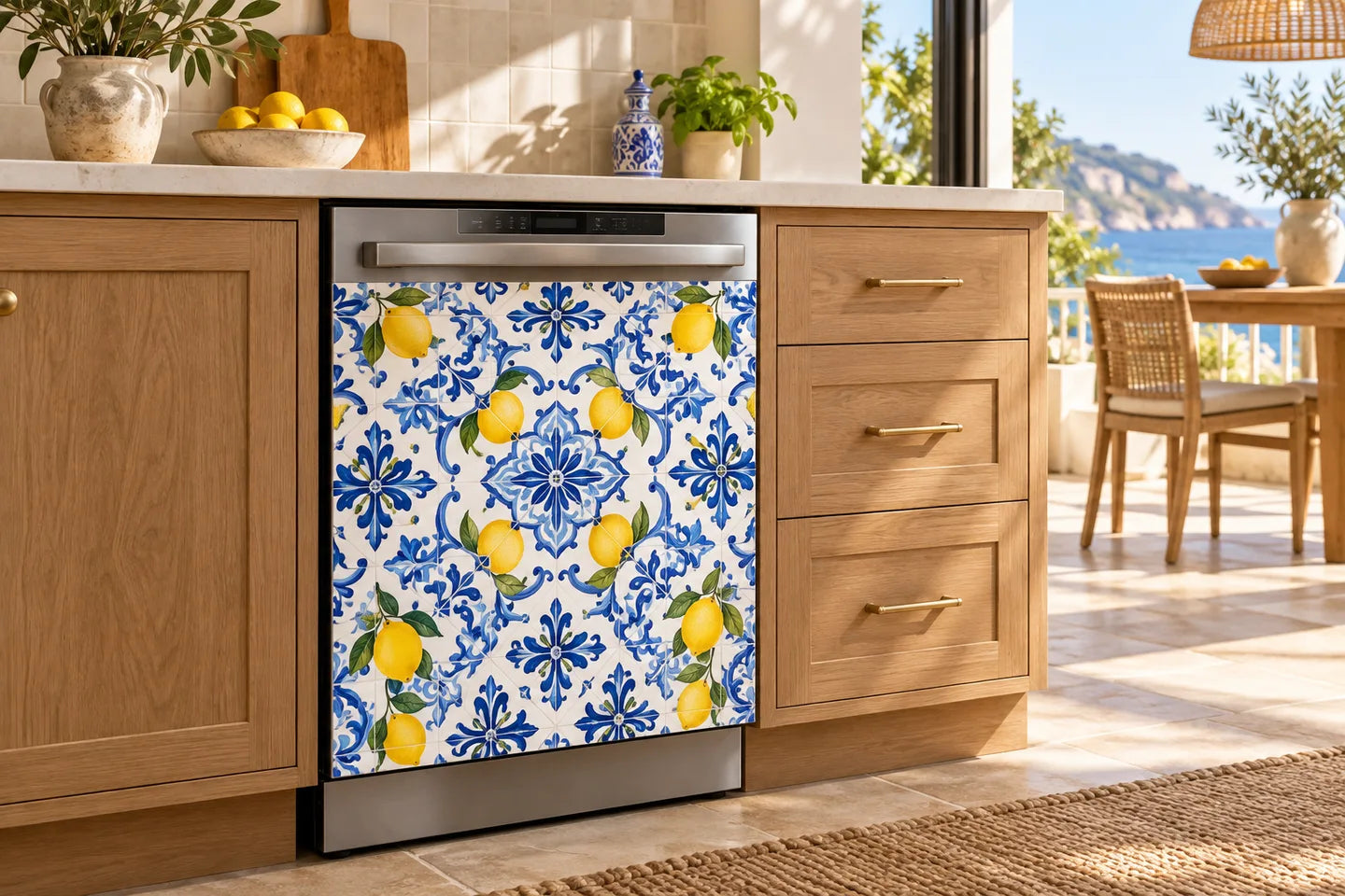 Dishwasher vinyl wrap sticker with blue floral pattern and yellow lemons, front panel covered