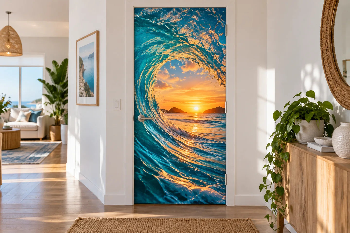 Vinyl wrap door skin sticker with ocean wave sunset graphic over a door panel