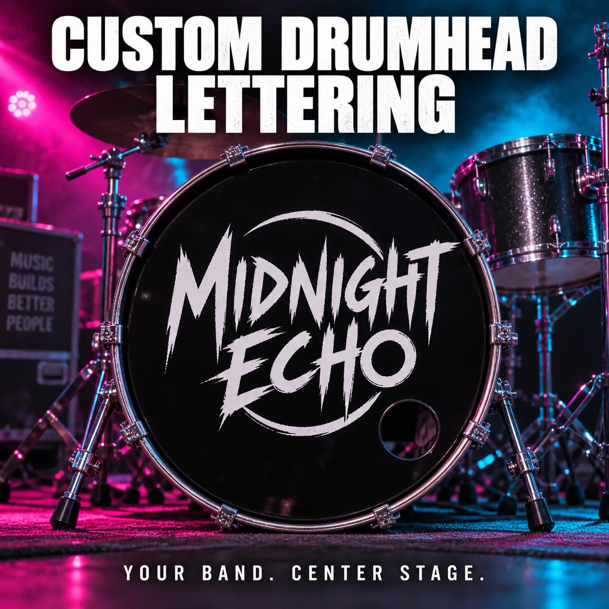 Custom drumhead decal with bold Midnight Echo lettering, graphic circle and swooshes