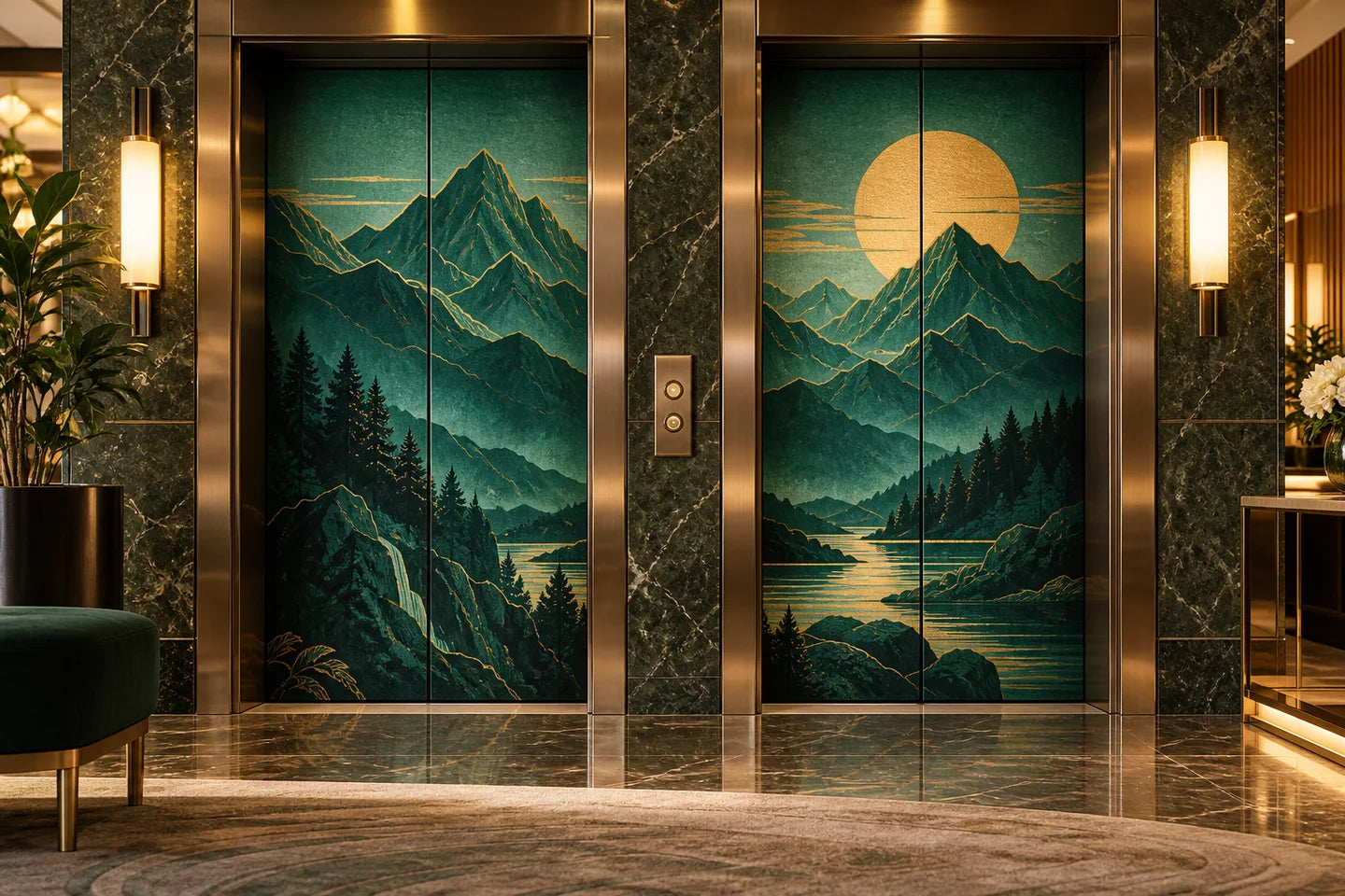 Vinyl elevator door skin with green mountain landscape and moon scene, on two doors