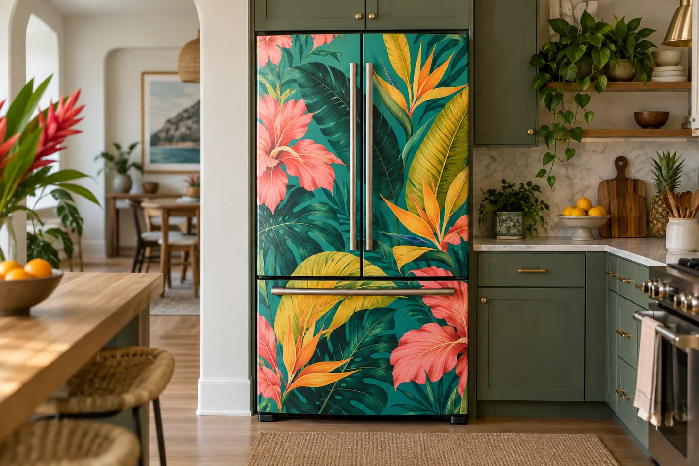 Refrigerator vinyl skin wrap with colorful tropical leaf and flower artwork