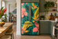 Refrigerator vinyl skin wrap with colorful tropical leaf and flower artwork