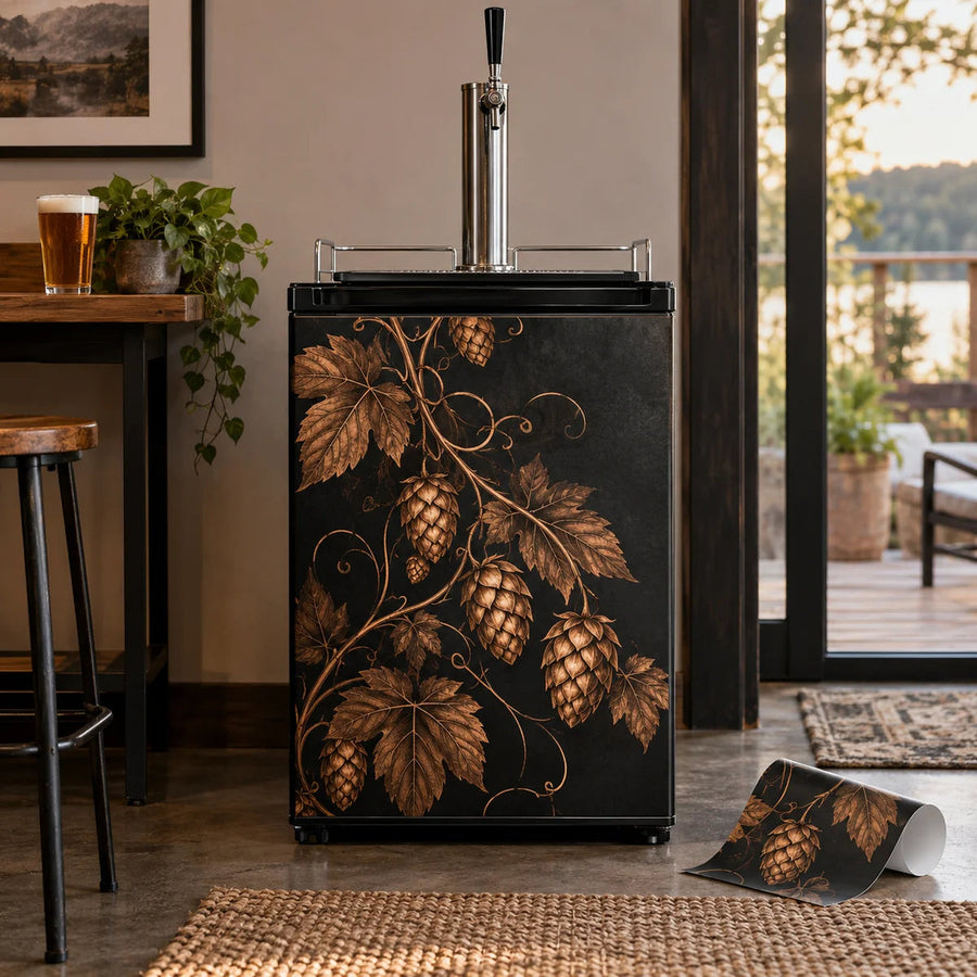 Kegerator front vinyl wrap with black background and gold hop cone and vine design