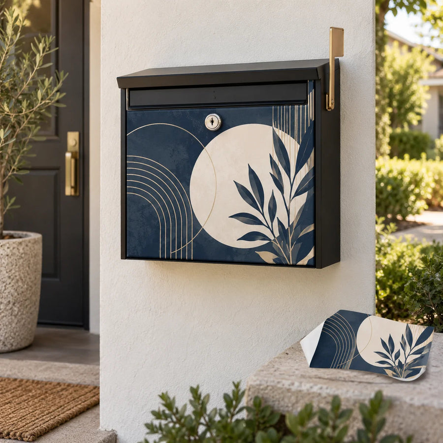 Navy and cream mailbox vinyl wrap panel with botanical leaf and arch line design