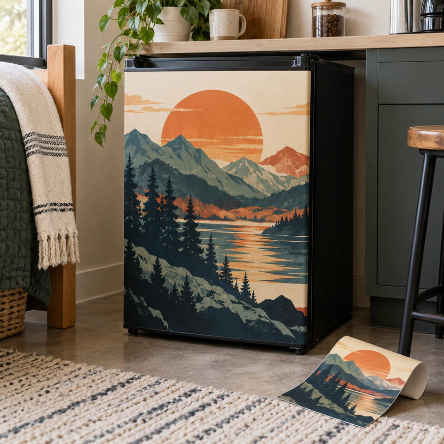 Custom mini fridge front vinyl wrap with mountain lake landscape print on black fridge
