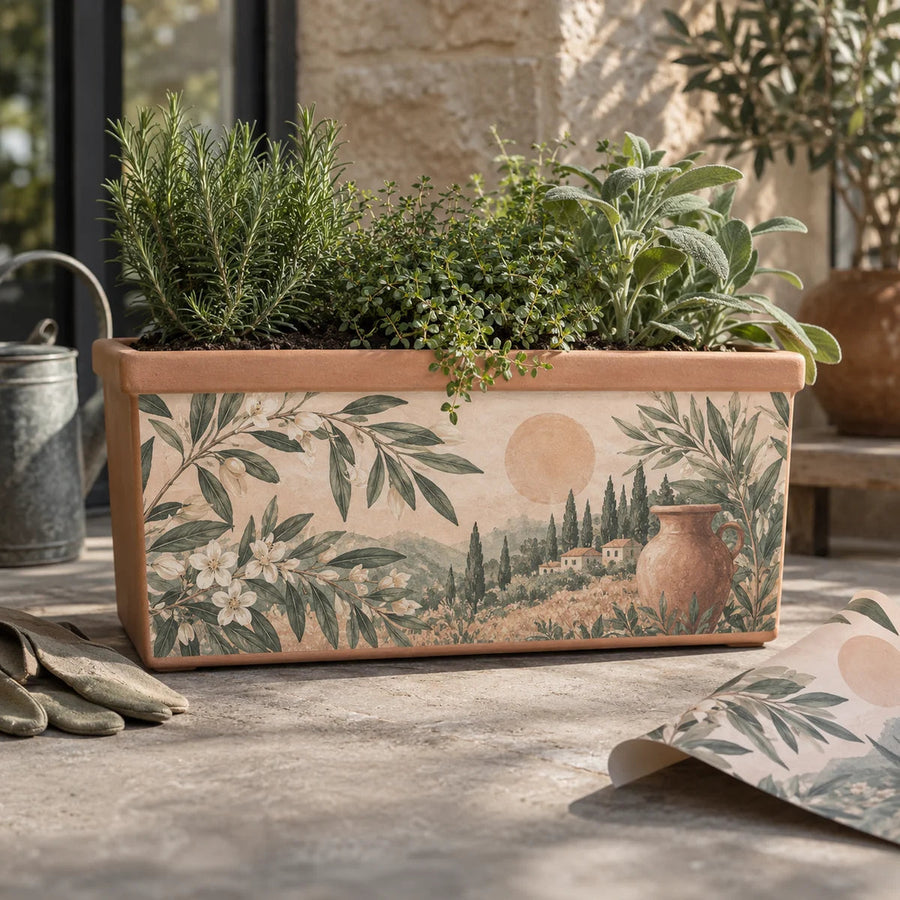 Planter box side panel vinyl wrap with botanical landscape print on tan panel