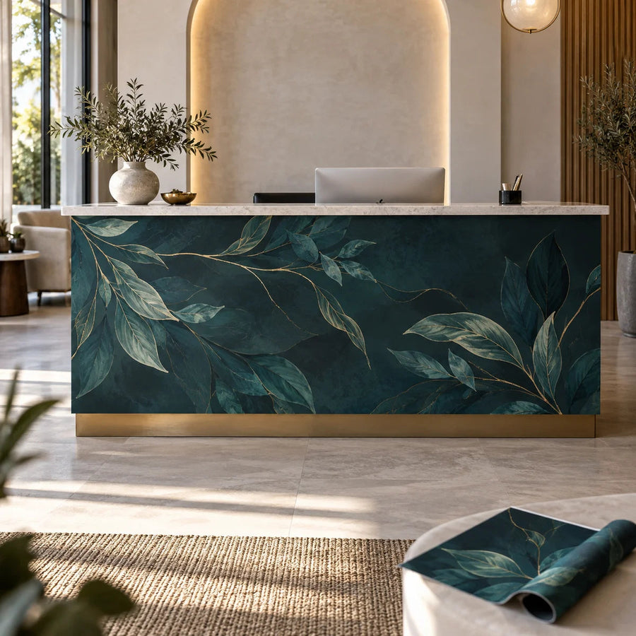 Reception desk vinyl wrap front panel with teal botanical leaf print