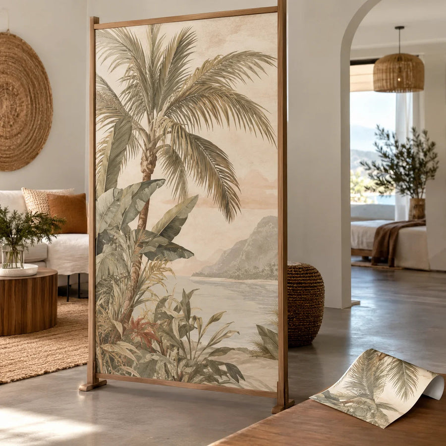 Room divider vinyl wrap panel with beige tropical palm leaf print