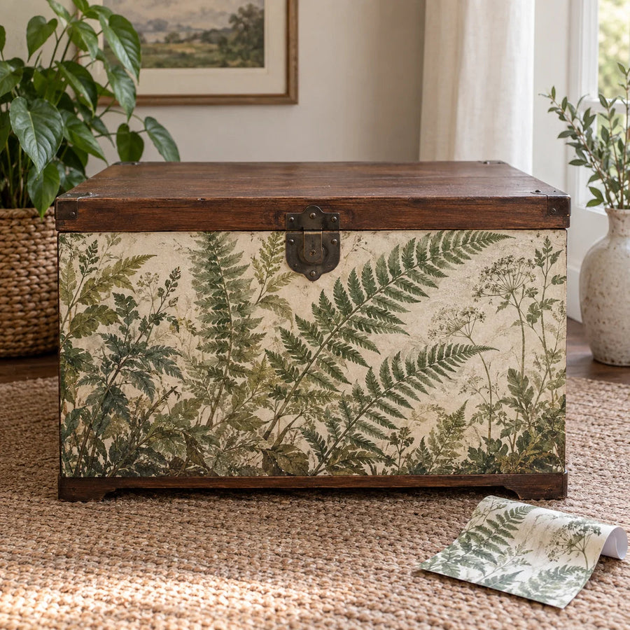 Wood storage chest with fern botanical vinyl wrap front and metal latch