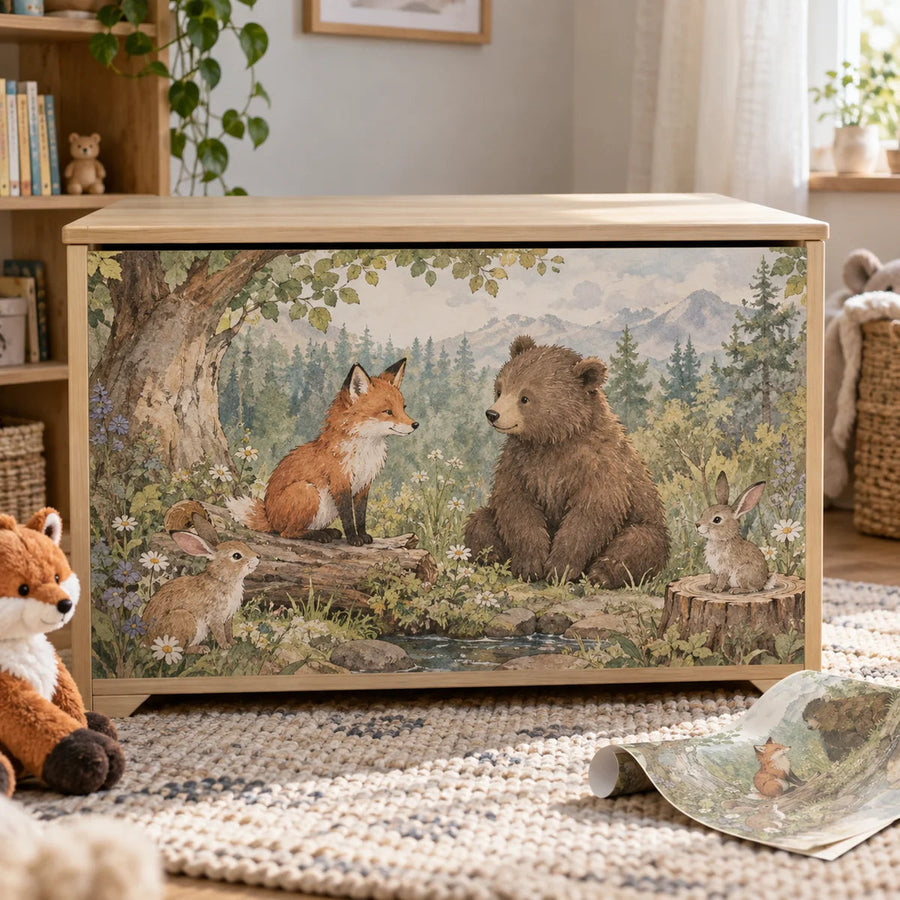 Woodland animal toy box front vinyl wrap panel with fox and bear scene