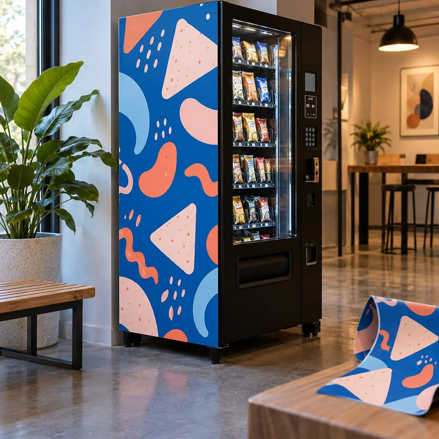 Vending machine side panel vinyl wrap with colorful abstract geometric pattern