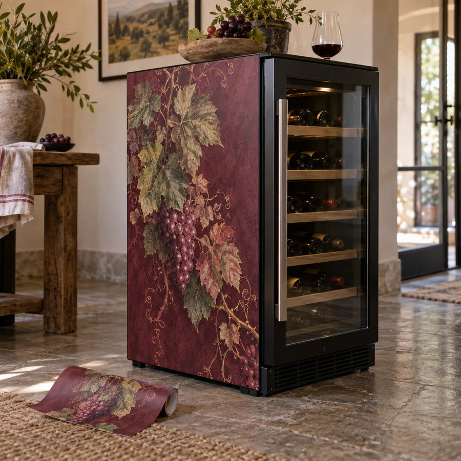 Wine fridge side panel vinyl wrap with maroon grape-vine print, shown on fridge