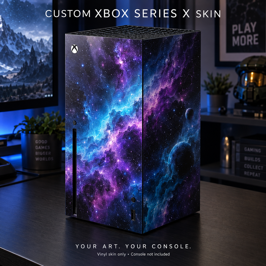 Xbox Series X vinyl console skin with purple galaxy artwork and port cutouts