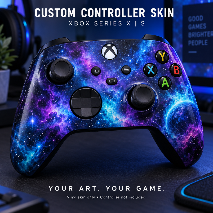 Galaxy blue-purple Xbox controller skin with thumbsticks and button cutouts