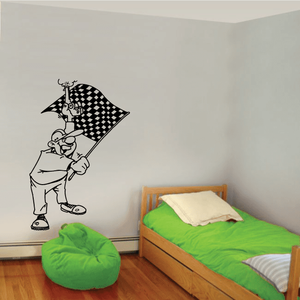 Cartoon flag decal with a mouse holding a black-and-white checkered banner