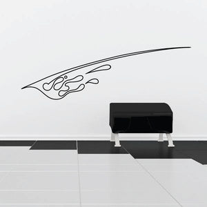 Vehicle pinstripe vinyl decal with black swoosh and flame-style outline