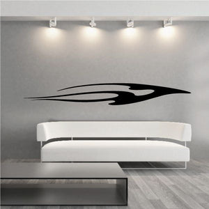 Black vehicle pinstripe vinyl decal with flame-style swoosh, flat on wall