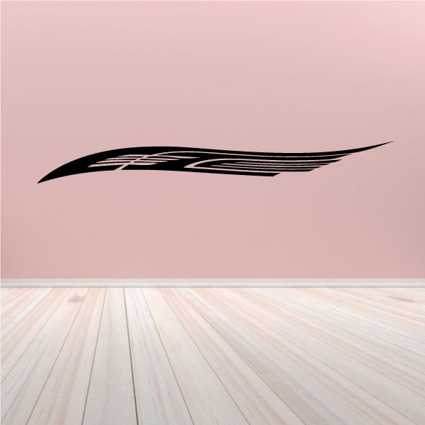 Vehicle pinstripe vinyl decal with black swoosh and pinstriped streaks