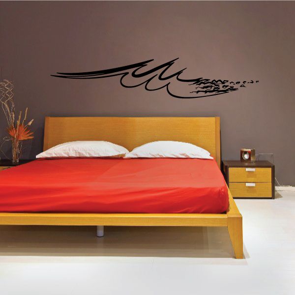 Pinstripe flame vehicle vinyl decal, black outline on wall