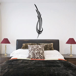 Pinstripe vinyl decal with black swirl lines on wall above bed