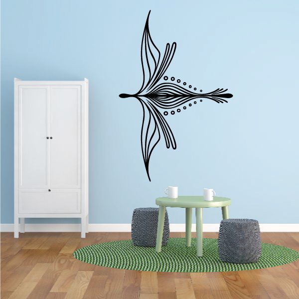Black pinstripe vinyl wall decal with stylized feather design