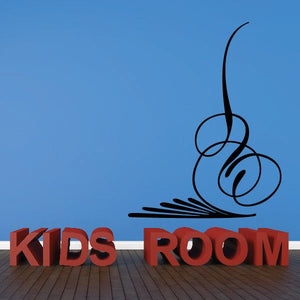 Wall decal reading 'KIDS ROOM' with swirl line graphic
