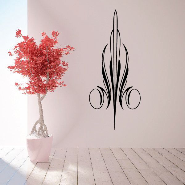 Vehicle pinstripe vinyl decal with black flame design and two round accents