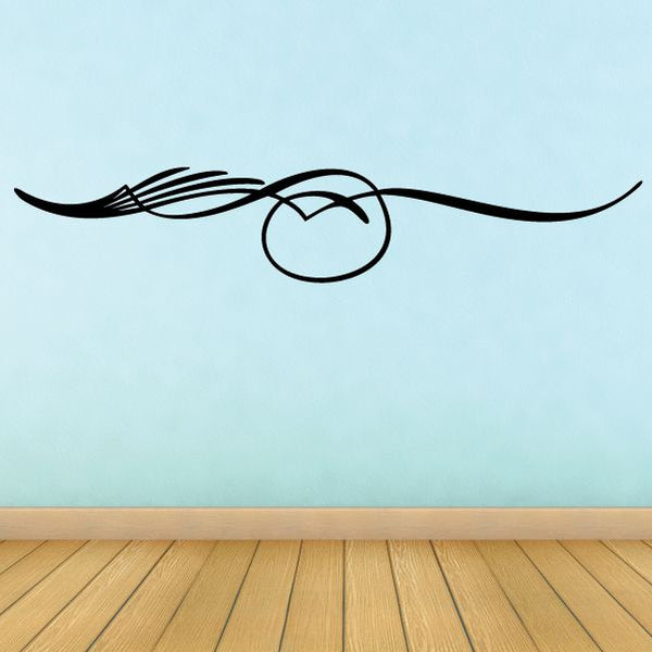 Pinstripe vinyl decal with black curvy lines and centered round emblem