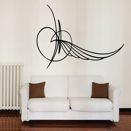Black pinstripe vinyl decal with abstract swirl and wing-like line design