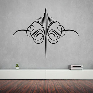 Black ornamental pinstripe vinyl decal with symmetrical butterfly scroll design