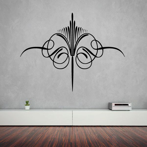 Black ornamental pinstripe vinyl decal with symmetrical butterfly scroll design