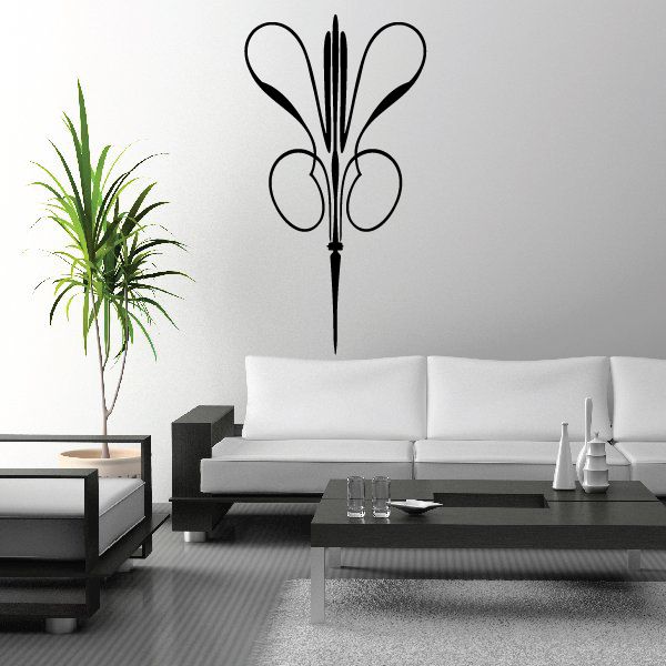 Black ornamental fleur-de-lis wall decal with vertical scroll and petals