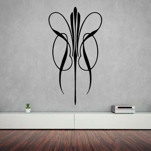 Black pinstripe vinyl decal with central spear shape and curving ribbon lines