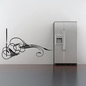 Vehicle pinstripe vinyl decal with black outlined car and decorative swirl details