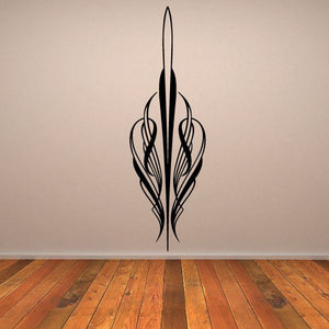 Black pinstripe vinyl decal with a tall flame-like symbol and curved line details