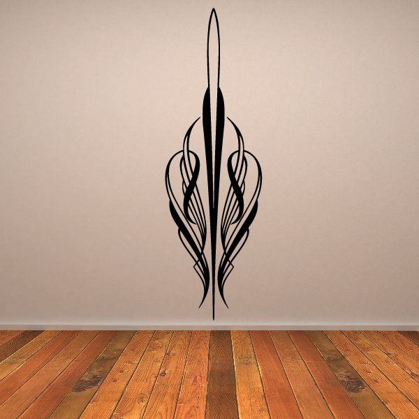 Black pinstripe vinyl decal with a tall flame-like symbol and curved line details