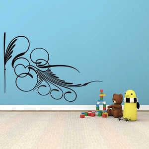 Black pinstripe vinyl decal with feather-like swirls and circular elements.