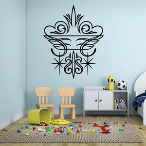 Ornate black floral wing vinyl wall decal with compass-like center accents