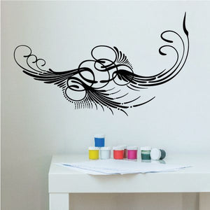 Vehicle pinstripe vinyl decal with black ornamental swirl and winged stripes