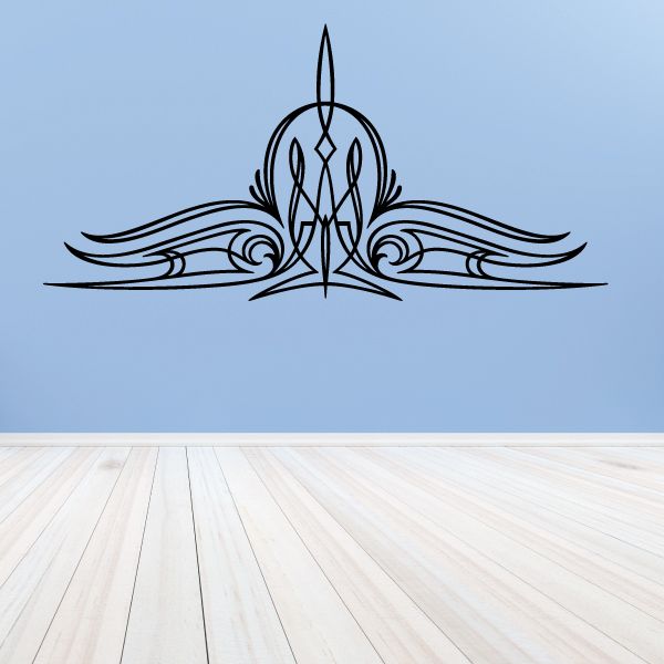 Black pinstripe vinyl decal with symmetrical winged emblem and flame tips