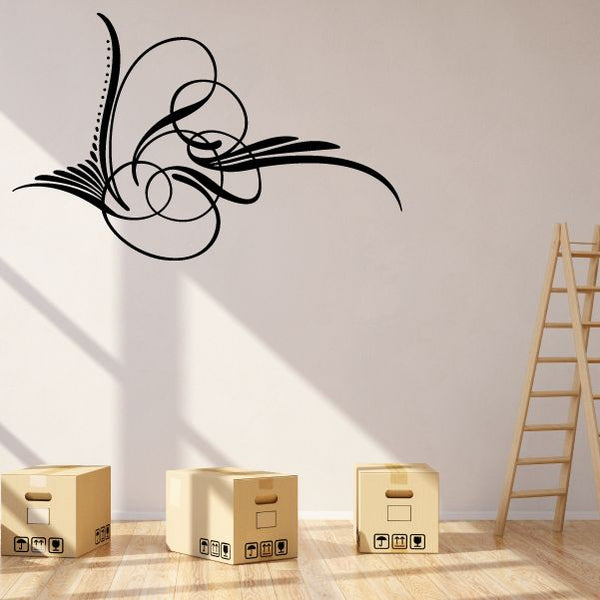 Black pinstripe vinyl vehicle decal with swirl and curved line accents.