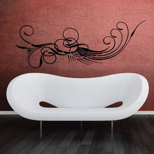 Black pinstripe swirl vinyl decal with curving scroll and floral accents