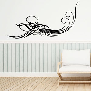 Black pinstripe vinyl decal with swirling ribbon scroll design