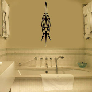Vehicle pinstripe vinyl decal, black rocket silhouette with pointed fins and lines