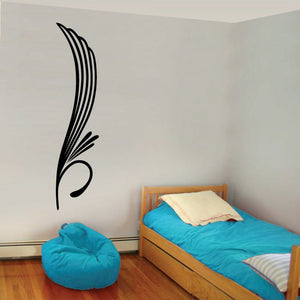Black pinstripe scroll vinyl decal for vehicle or wall, sweeping feather-like design