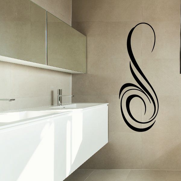 Vehicle pinstripe vinyl decal, black swirl on wall, curved ribbon design