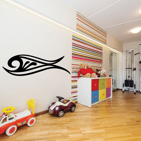 Vehicle pinstripe vinyl decal with black tribal flame swirl design