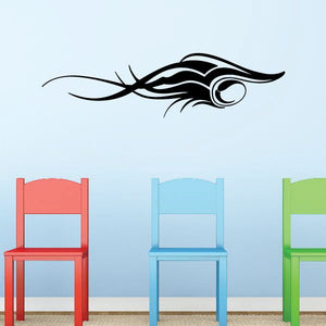 Vehicle pinstripe vinyl decal with black stylized eye and flame swirls
